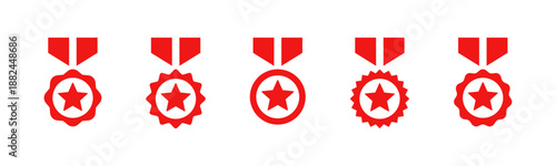 Red award medal with star icon set