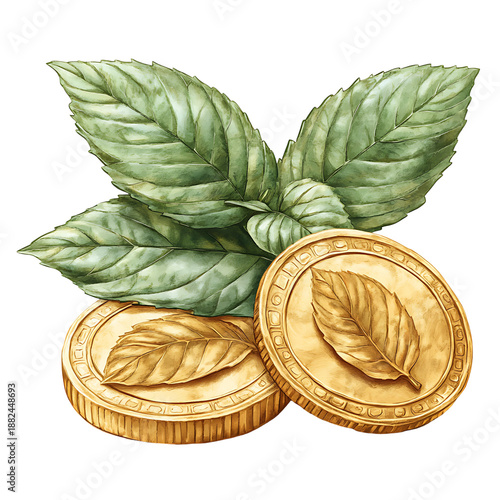 Gold coins decorated with leaf symbol representing eco friendly finance and sustainable wealth growth. Finance concept
