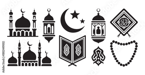 Ramadan kareem vector elements set including mosques hanging lanterns quran and crescent moon stars