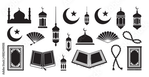 Ramadan kareem graphic elements collection featuring mosques lanterns quran books and prayer rugs art
