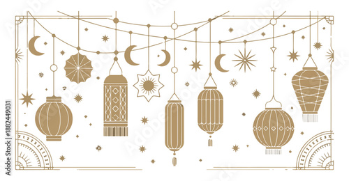 Ramadan kareem decoration with lantern stars and crescent moon elements framed border