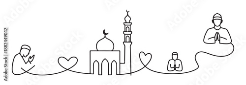 Muslim people praying and mosque continuous line art drawing with heart shapes