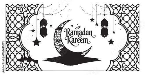 Black white ramadan kareem greeting banner with detailed crescent moon and ornate border frames