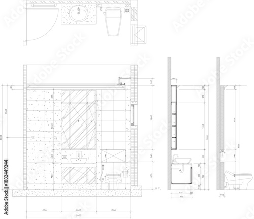 Small Residential Bathroom Interior Design Featuring Vanity Mirror and Toilet Area with Washbasin and Sanitaryware Section Drawings