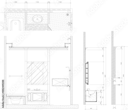 Residential Bathroom Interior Design Featuring Shower Area and LED Concealed Vanity Lighting with Section Drawing Details
