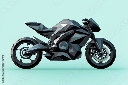 Low Poly Black Motorcycle Design on Light Background with Shadows