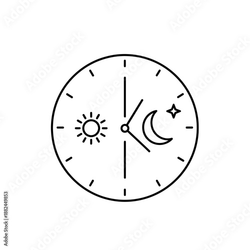 Day and Night Cycle Clock Icon. 24 Hour Time, Daily Schedule, and Circadian Rhythm Line Art Vector.
