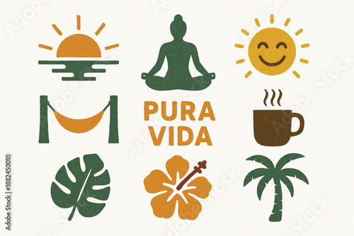Costa Rican “Pura Vida” Lifestyle Icon Grid with Tropical Relaxation and Textured Vector Style