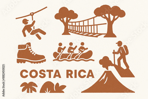 Costa Rica Eco-Adventure Icon Grid with Outdoor Activities and Textured Vector Style