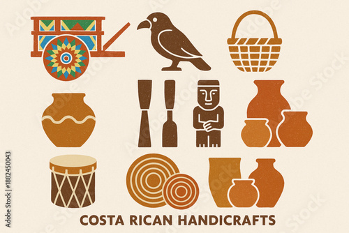 Costa Rican Handicrafts Icon Grid with Traditional Art and Textured Vector Style