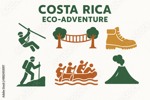 Costa Rica Eco-Adventure Icon Grid with Outdoor Activities and Textured Vector Style