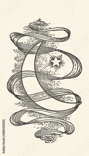 Vintage Crescent Moon and Star Celestial Swirls Illustration