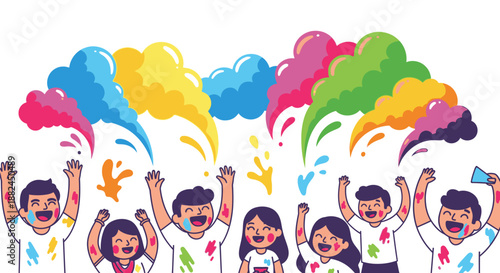 Joyful people celebrating with colorful powder in the air, vector illustration of happiness and togetherness