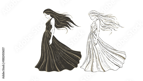 Two women in long dresses with flowing hair standing side by side