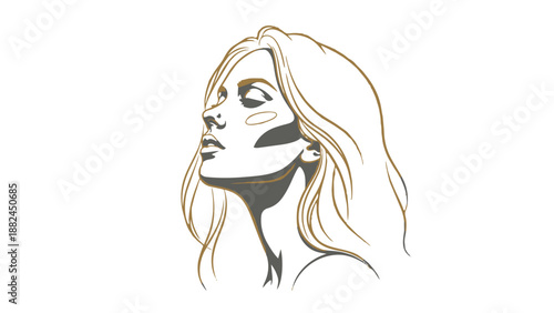 Woman face illustration with long hair in gold line art style