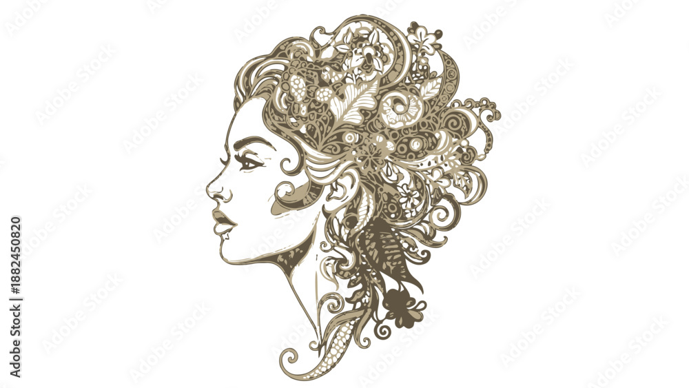 Fototapeta premium Intricate green line art illustration of a womans head with curly hair
