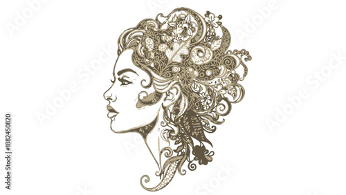 Intricate green line art illustration of a womans head with curly hair