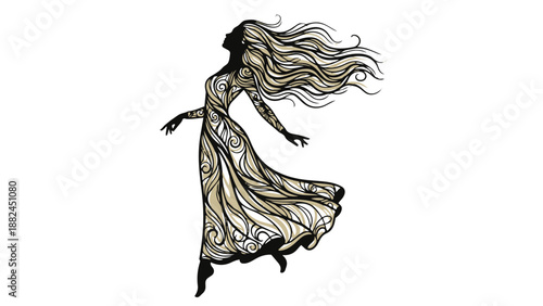 Woman in flowing dress with long hair dancing