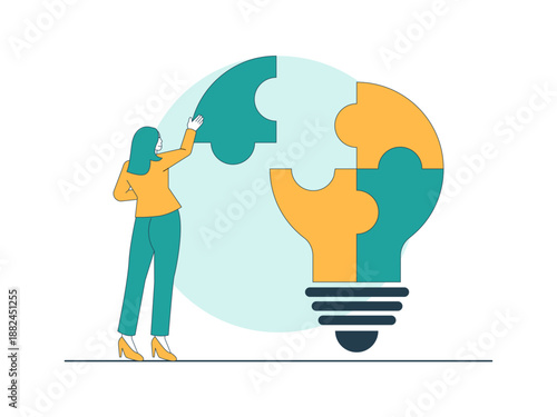 A woman is seen putting together the final piece of a puzzle to complete the shape of a light bulb symbolizing creativity in thinking. Brainstorming illustration. Flat vector concept.