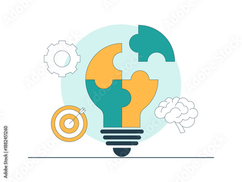 The process of gathering or developing ideas and creative problem solving, innovation, or teamwork. Brainstorming illustration. Flat vector concept.