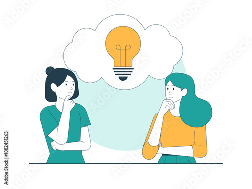 Two woman discuss finding solutions or developing new ideas and sharing insights. Brainstorming illustration. Flat vector concept.
