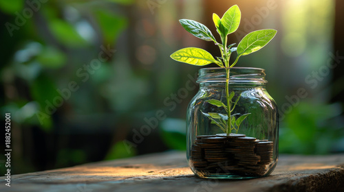 Small green plant growing from a glass jar filled with coins on a wooden surface, symbolizing financial growth, investment savings, and sustainable wealth in a natural outdoor setting.