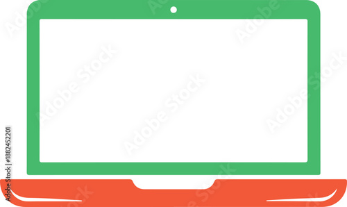 Simple Open Laptop Frame Outline Icon with Green Screen and Orange Base