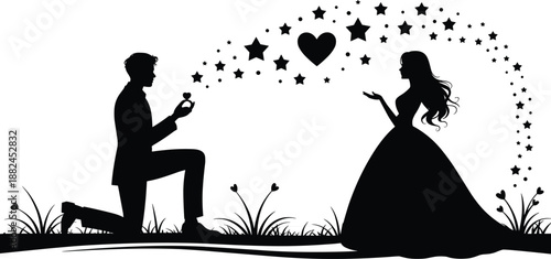 Romantic marriage proposal silhouette, man kneeling with ring, couple love scene, wedding engagement illustration isolated on white background