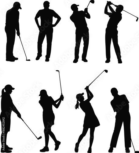 Golf player silhouettes men and women swinging clubs professional sport action poses isolated vector illustration set