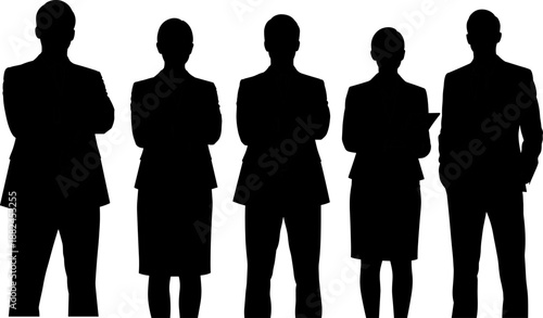 Black silhouette set of 5 business professionals in suits, skirts, and blazers with confident posture and tablet