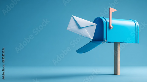 Blue mailbox receiving a white letter envelope on a solid turquoise studio background with copy space, symbolizing communication, delivery, or new message notification in a 3D render.