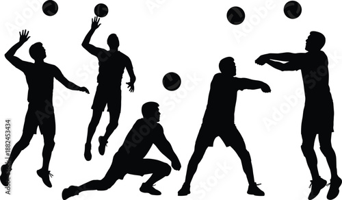 Black silhouette set of 5 volleyball players in dynamic poses including jump spike, bump pass, receive, serve, and dive