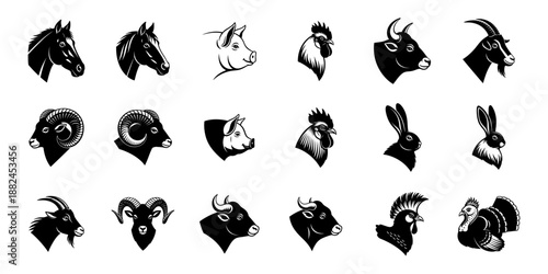 Conceptual Black and White Vector Silhouettes of Domestic and Farm Animals for Design
