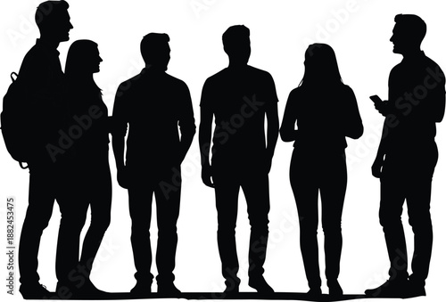 Black silhouette set of 6 people standing and interacting, including backpacked figure, symbolizing group dynamics and conversation