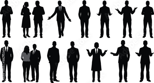 Black silhouette set of 14 business professionals in varied poses including gestures, crossed arms, and pockets