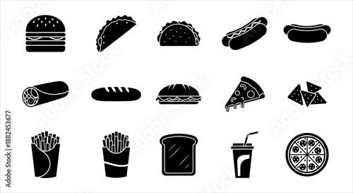 Fast food icons collection of popular American takeout meals and snacks