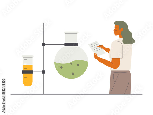 A woman is shown in a laboratory setting, likely a biologist, chemist, or lab worker. Research illustration. Flat vector concept.