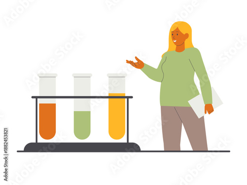 A female scientist or chemist conducting a laboratory experiment. Research illustration. Flat vector concept.