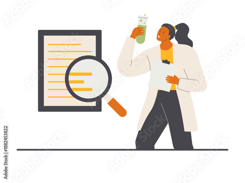 A female scientist or researcher is actively engaged in an experiment, holding a test tube with a green liquid. Research illustration. Flat vector concept.