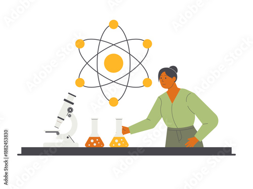 A person conducting a scientific experiment in a laboratory setting with two beakers or flasks containing orange and yellow liquids. Research illustration. Flat vector concept.