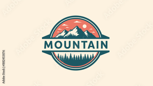 Mountain Adventure Emblem with Pine Forest and Sunset.