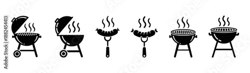 Barbecue Grills and Sausages Icons - Black and White Vector Illustrations
