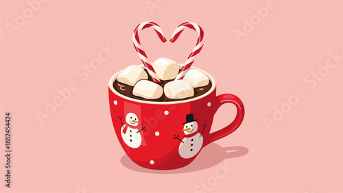 Festive Hot Chocolate with Marshmallows and Candy Canes in a Red Mug