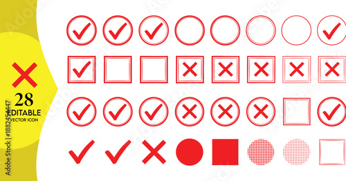 Collection of 28 Red Checkmark and Cross Icons, Bold Symbols for Success, Error, Task Status, and Survey Validation in a Professional Graphic Style
