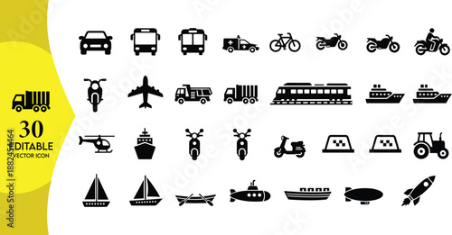 Set of 24 Transportation Icons Featuring Cars, Buses, Trains, Ships, and Aircraft, Minimalist Black Outline and Glyph Symbols for Travel, Logistics, and Navigation Maps