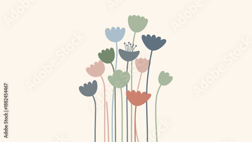 Minimalist Floral Illustration: Pastel Flowers on Beige Background
