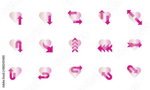 glass morphism heart arrow themes icon set with pink vector illustration