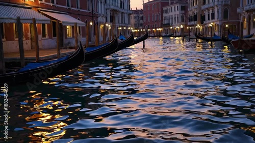 Video captures a serene canal scene at dusk in Venice. Low-angle shot highlights reflections of historic buildings and gondolas on the water.