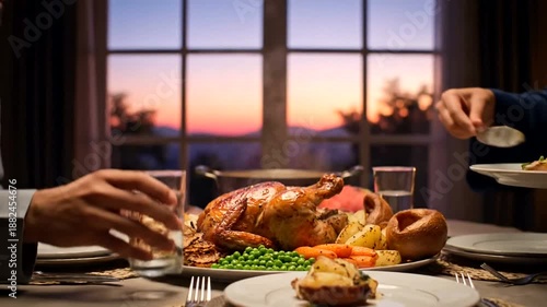 Delicious Roasted Chicken Dinner Served at Home with Family.
