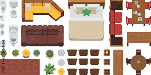 Furniture, household, layout, vector, illustration, sketch, outline, sofa, bed, toilet, table, chair, decor, rug, plants, dining, armchair, top-down, interior, graphic